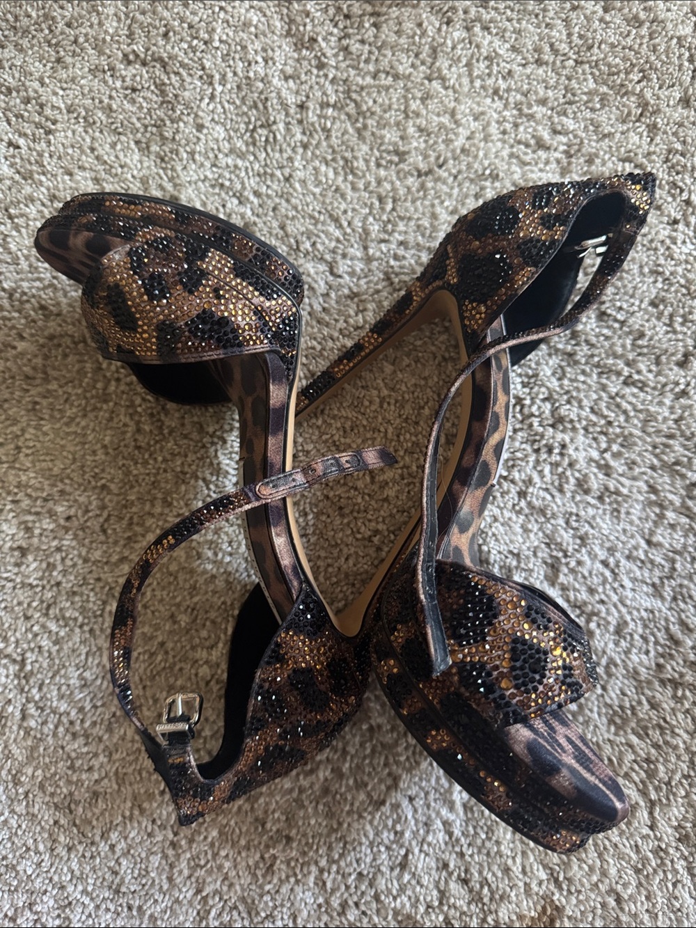 Gianni Bini Leopard Crystal Ankle-Strap Platform Heels - Brown/Black